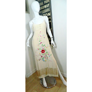 Sue Wong‎ Dress Medium Ivory Silk Floral Embroidered Maxi Y2k Vintage Fringe